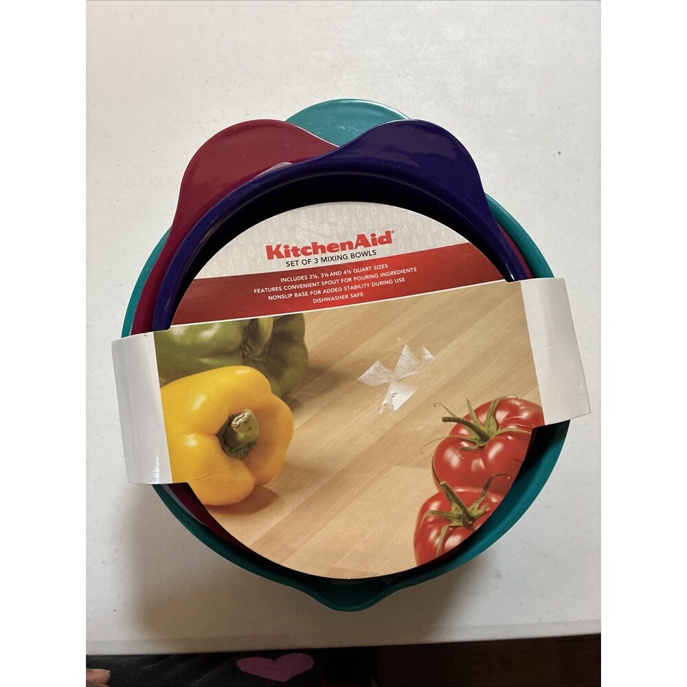 KitchenAid 3 PC Mixing Bowl Set Multicolor 2.5/3.5/4.5qt Nonslip Pour Sprout NIP